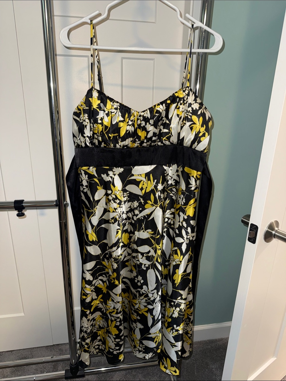 Floral Satin Spaghetti-Strap Dress in Black, Yellow & White